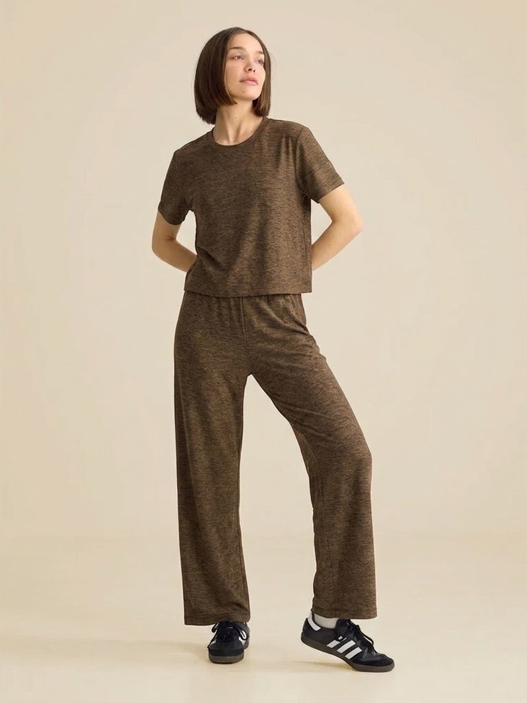 Outdoor Voices Cloudknit Set- Boxy Tee Wide Leg Pants Lounge Brown Spacedye Sz M